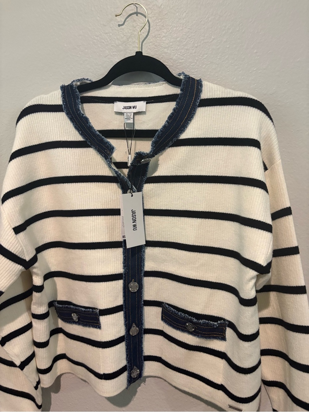 Jason Wu Cream and Black Striped Knit Cardigan with Denim Trim